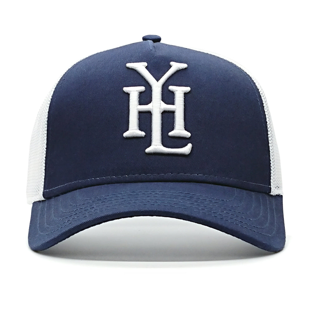 YoungHotLoaded Navy Blue White Monogram Mesh Trucker Hat